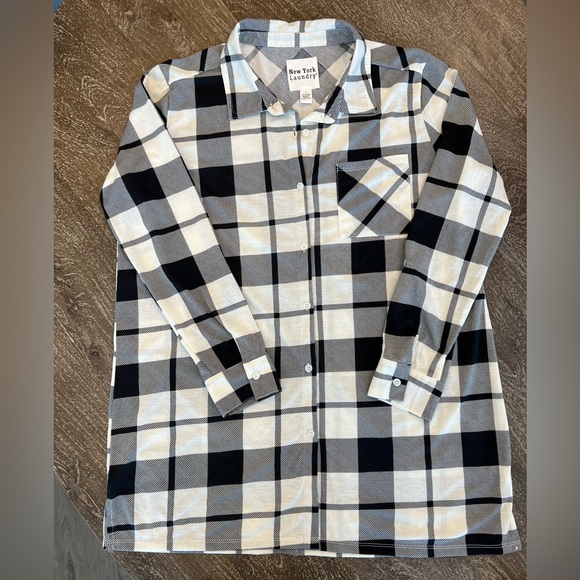 New York Laundry Tops - New York Laundry Plaid Button Down Shirt - Black, White, Cream